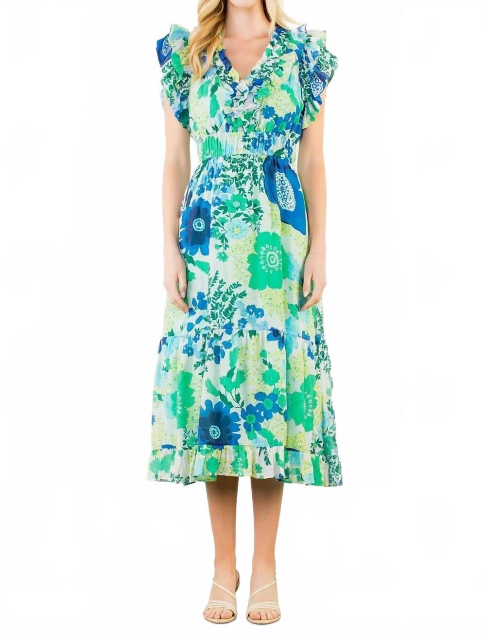 NEW THML flutter sleeve pattern tiered midi dress in blue and green floral